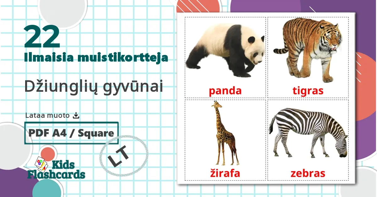 22 Džiunglių gyvūnai lasten kuvakortit