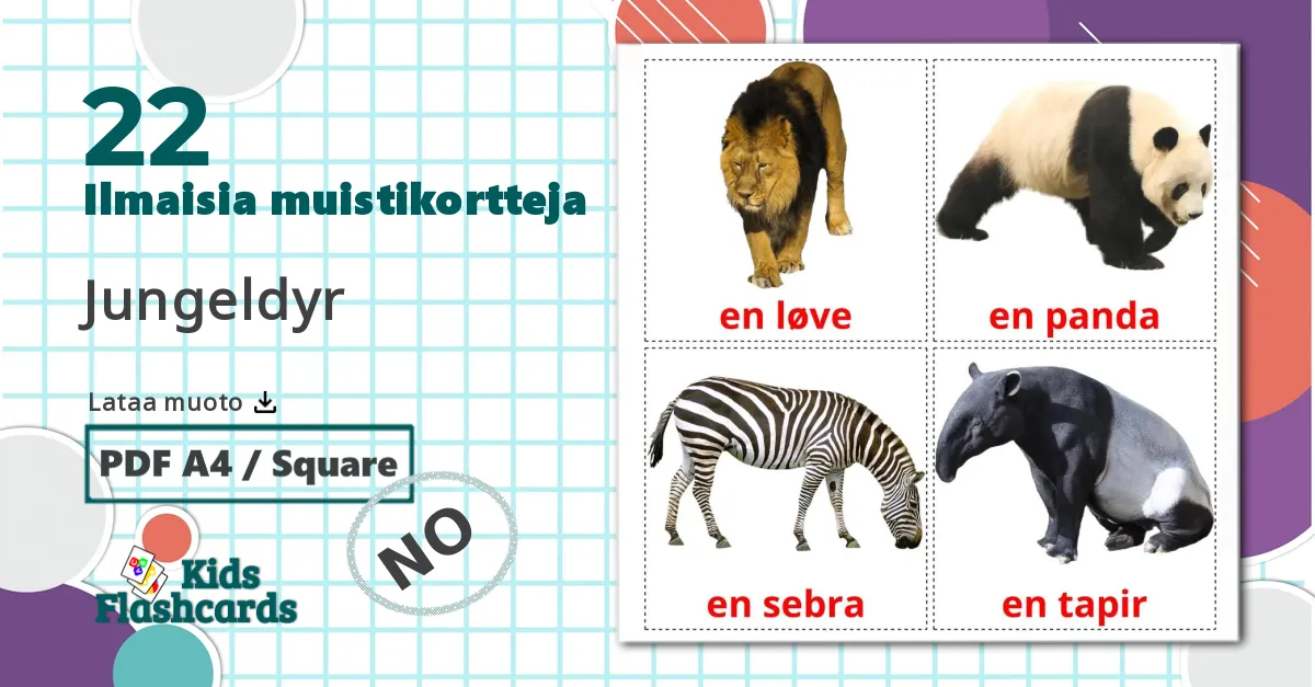 22 Jungeldyr lasten kuvakortit