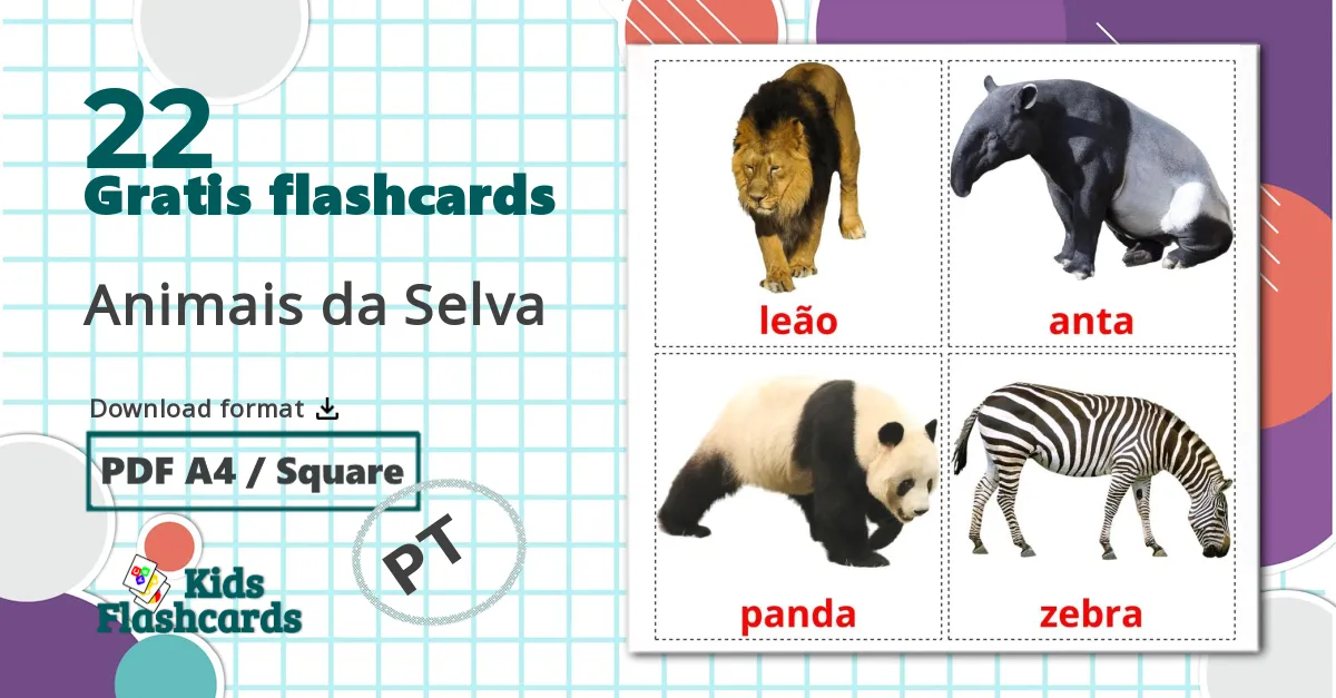 22 Animais da Selva billedkort for børn