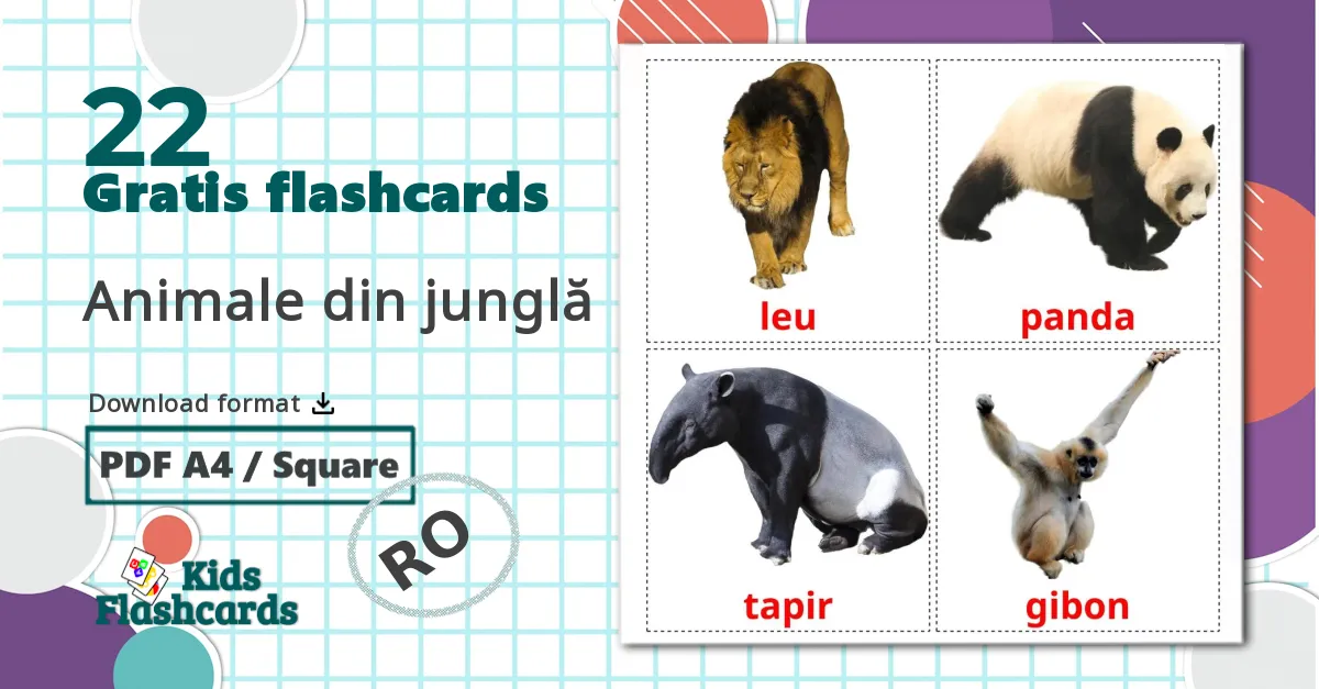 22 Animale din junglă billedkort for børn