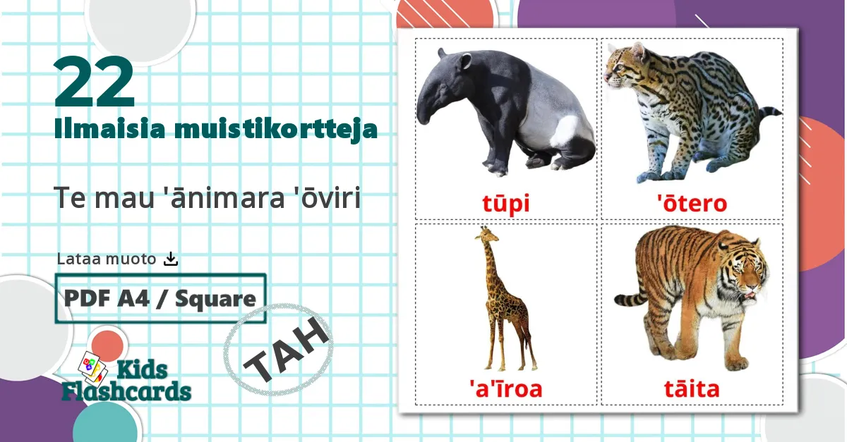 22 Te mau 'ānimara 'ōviri lasten kuvakortit