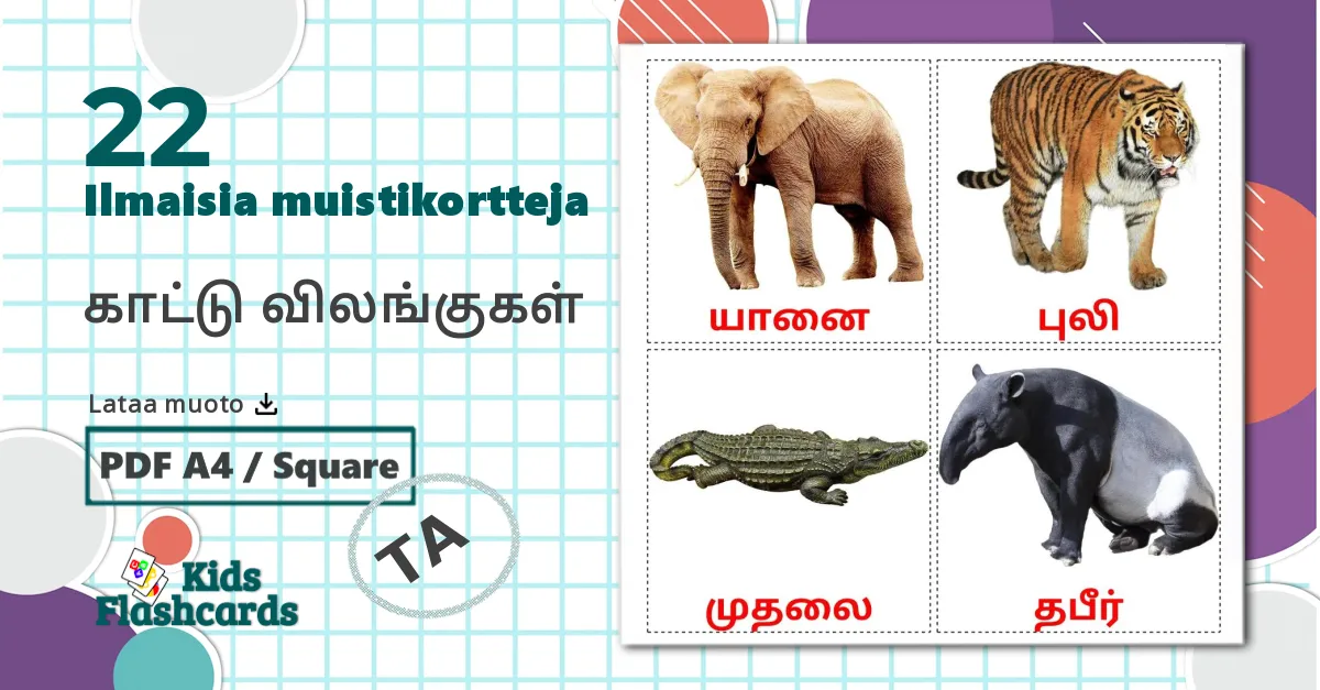 22 காட்டு விலங்குகள் lasten kuvakortit
