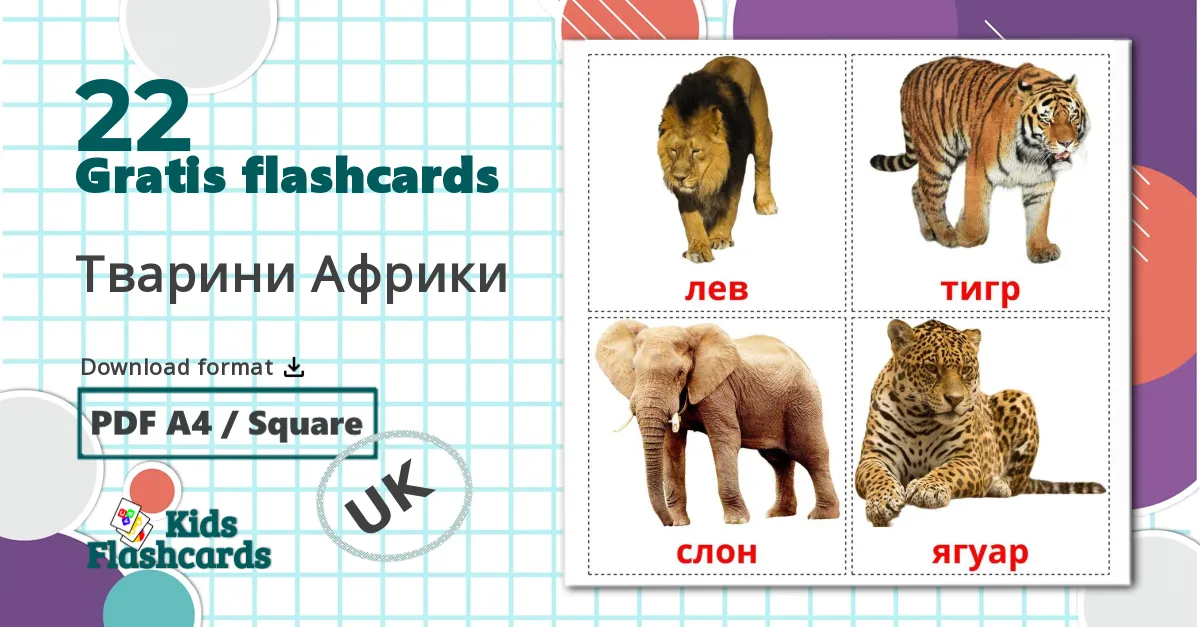 22 Тварини Африки  billedkort for børn