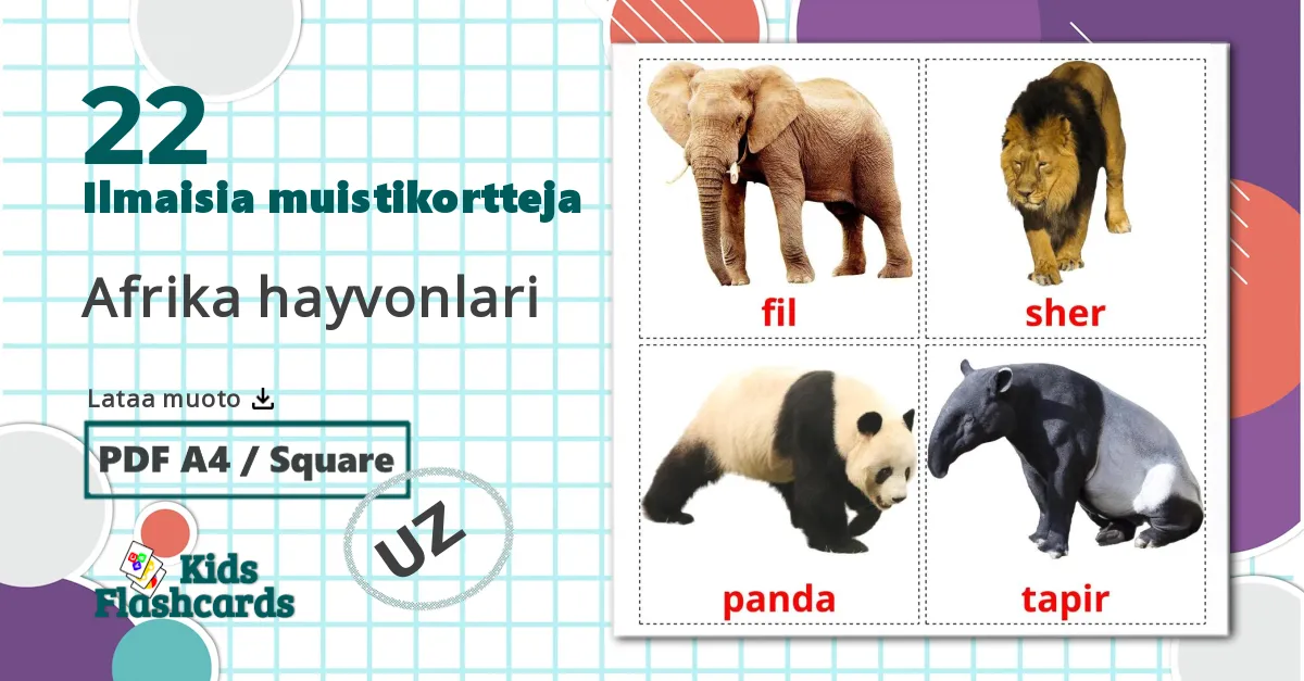 22 Afrika hayvonlari lasten kuvakortit
