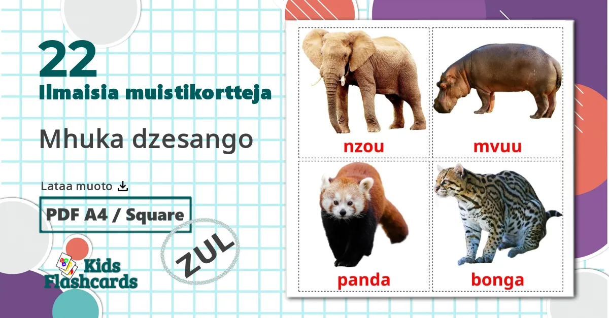22 Mhuka dzesango lasten kuvakortit