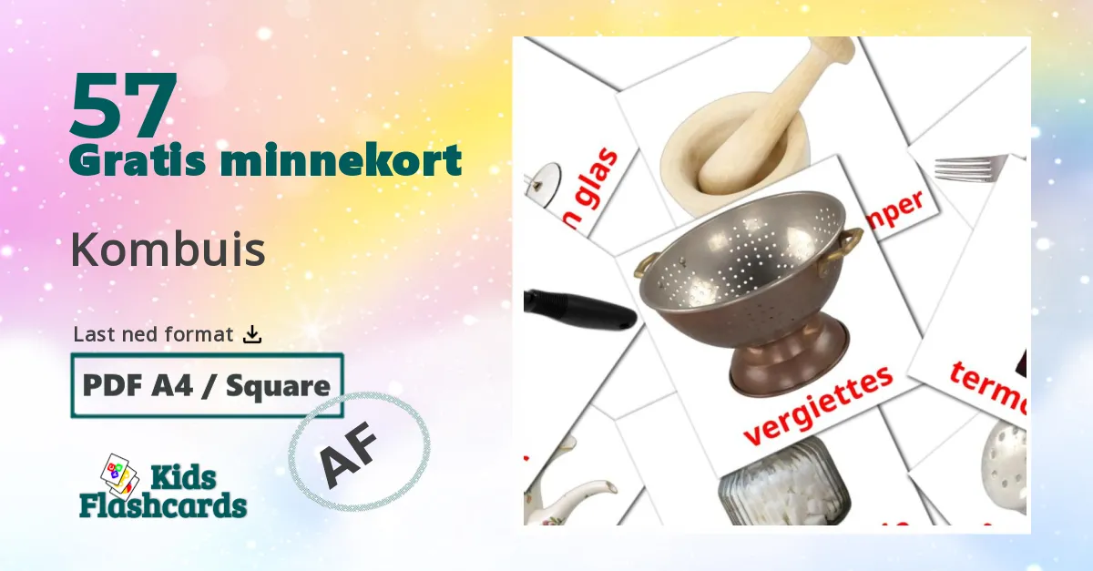 Kombuis bildekort for barn på afrikaans