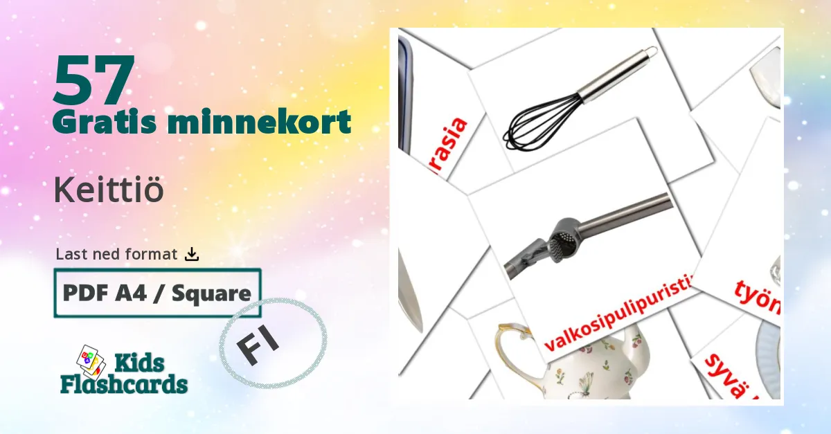 Keittiö bildekort for barn på finsk