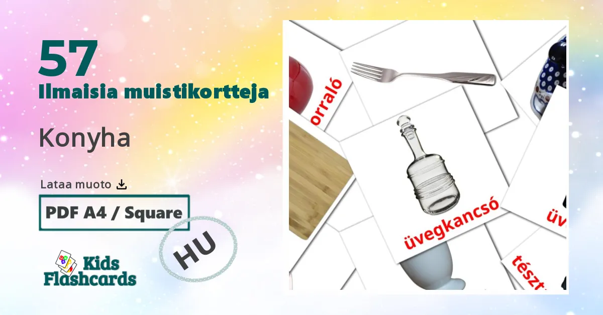 Konyha – lasten kuvakortit unkariksi sanastoon