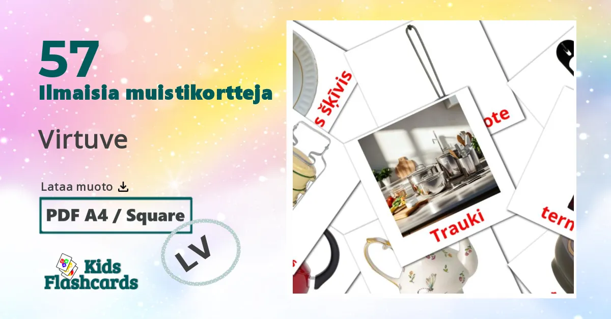 Virtuve – lasten kuvakortit latvianksi sanastoon