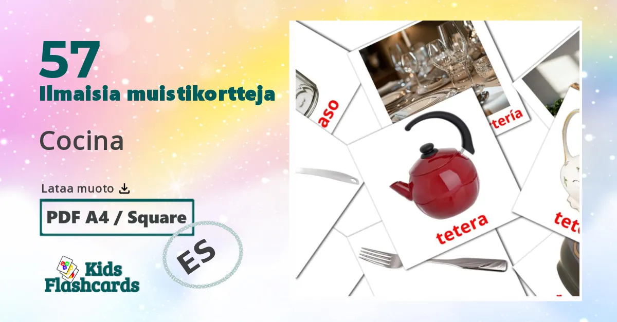 Cocina – lasten kuvakortit espanjaksi sanastoon