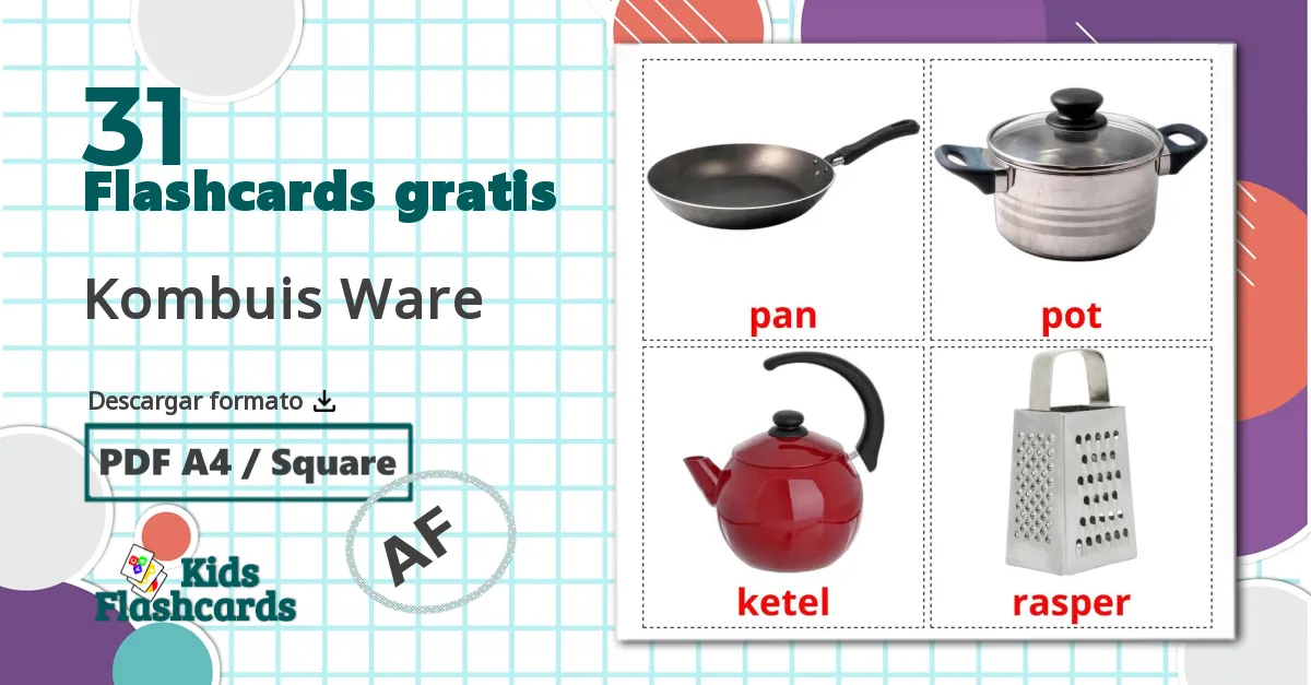 Utensilios de cocina - tarjetas de vocabulario en afrikáans