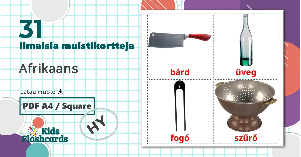 31 Keittiövälineet lasten kuvakortit