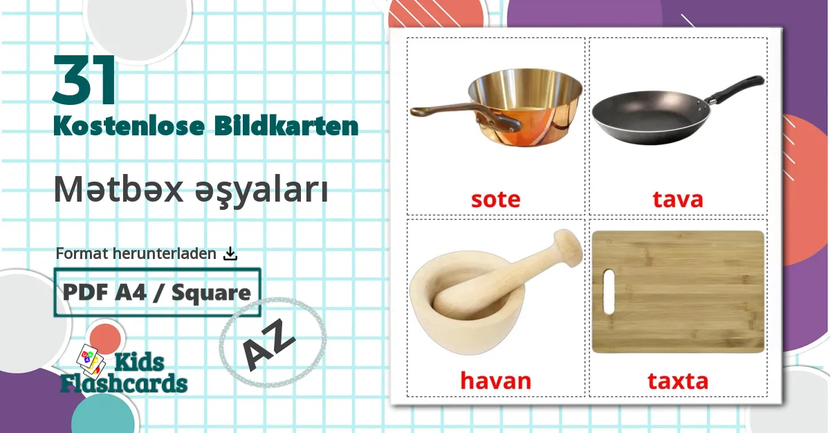 Küchenutensilien - Aserbaidschanisch Vokabelkarten