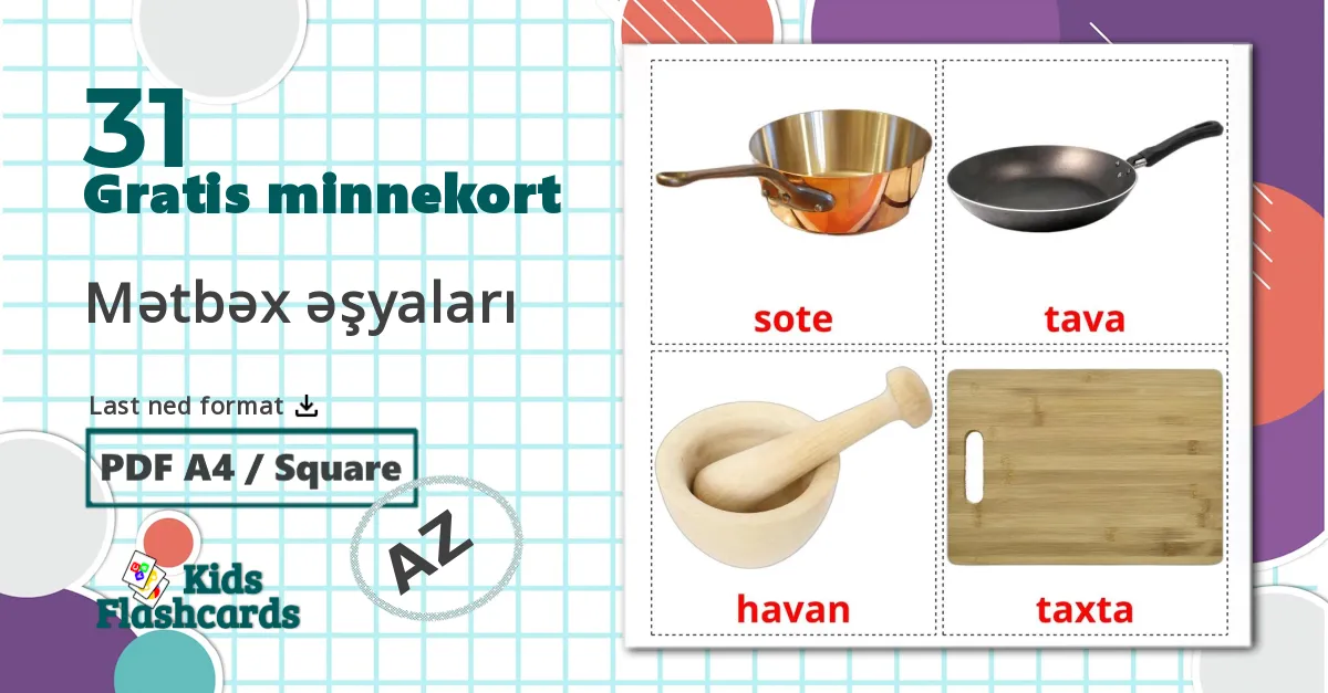 Kjøkkenutstyr - Ordforrådskort for azerbaijani