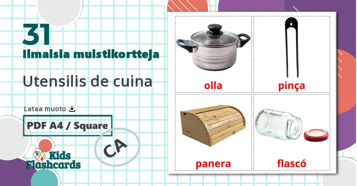 31 Keittiövälineet lasten kuvakortit
