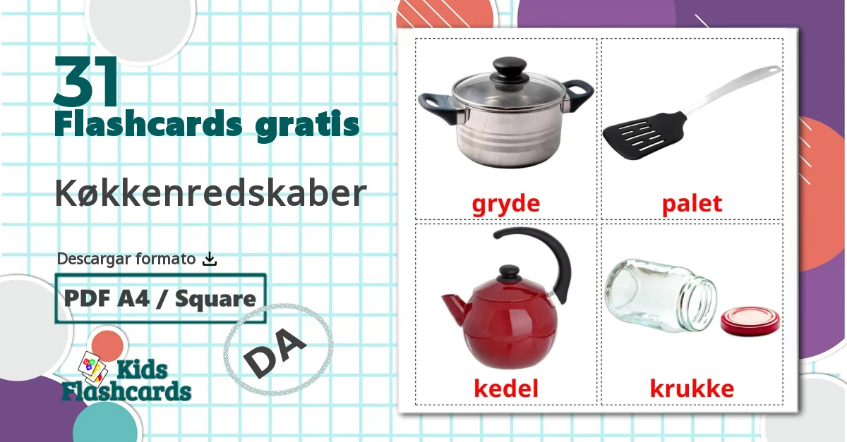 31 tarjetas didacticas de Køkkenredskaber