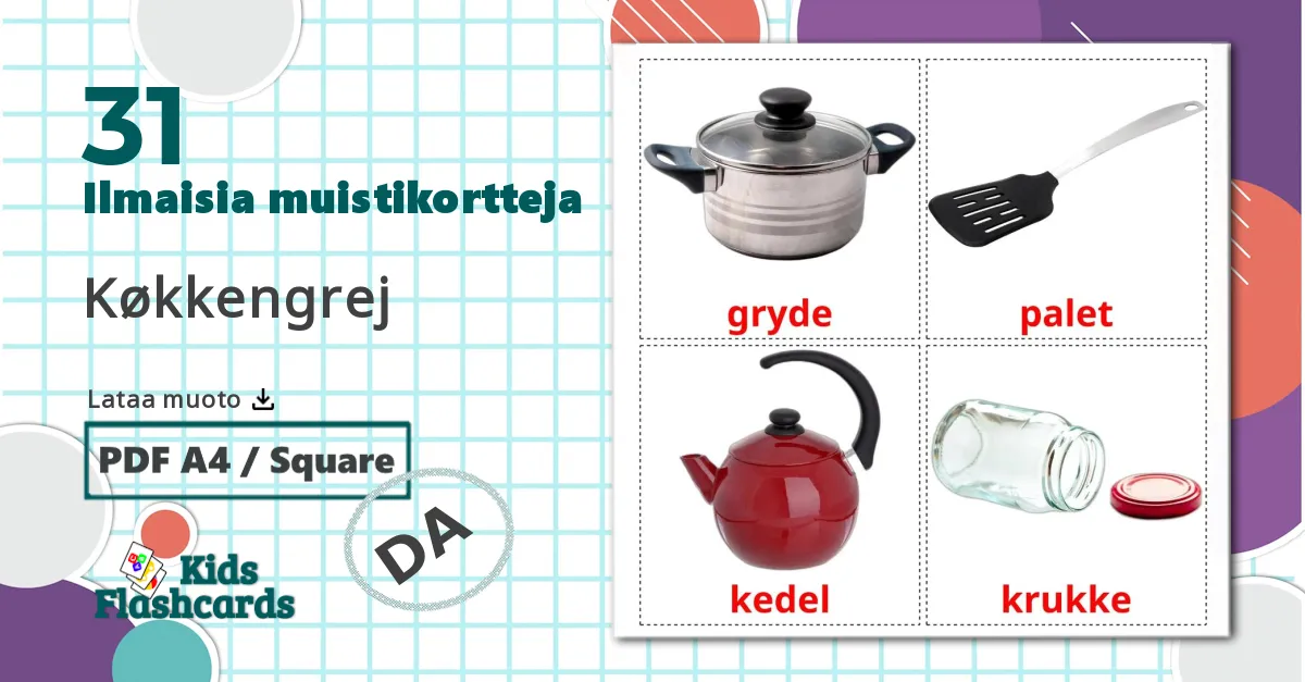 31 Keittiövälineet lasten kuvakortit
