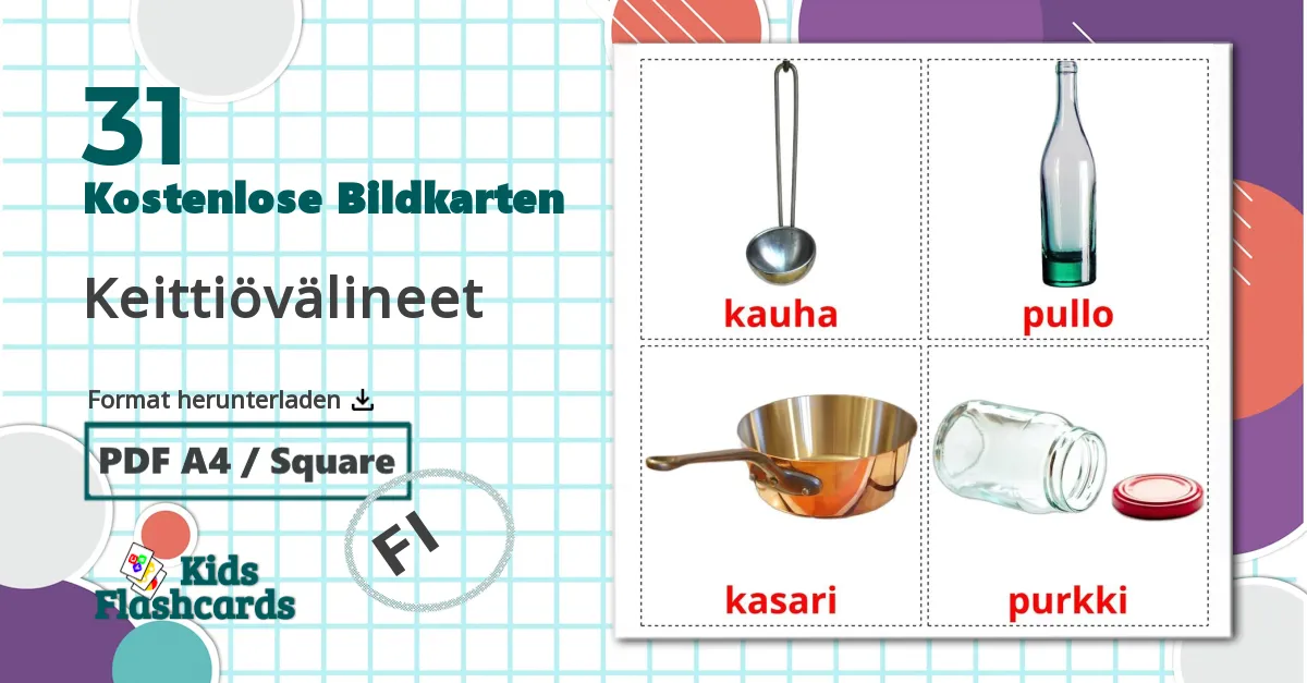 31 Bildkarten für Keittiövälineet