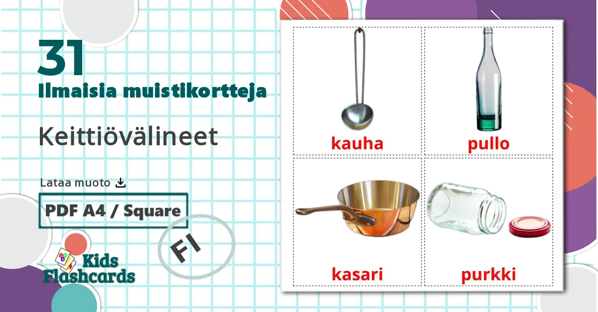 31 Keittiövälineet lasten kuvakortit