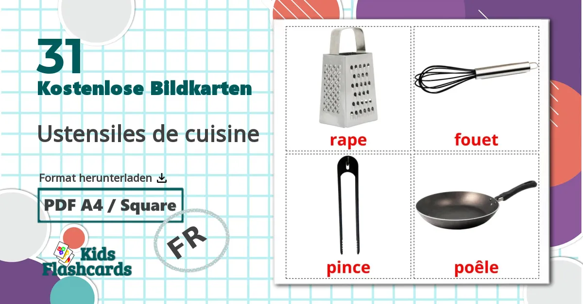 31 Bildkarten für Ustensiles de cuisine