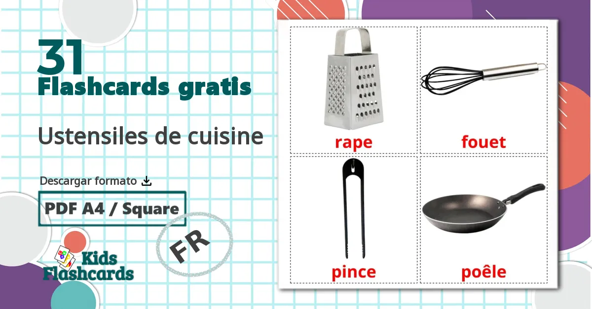 31 tarjetas didacticas de Ustensiles de cuisine