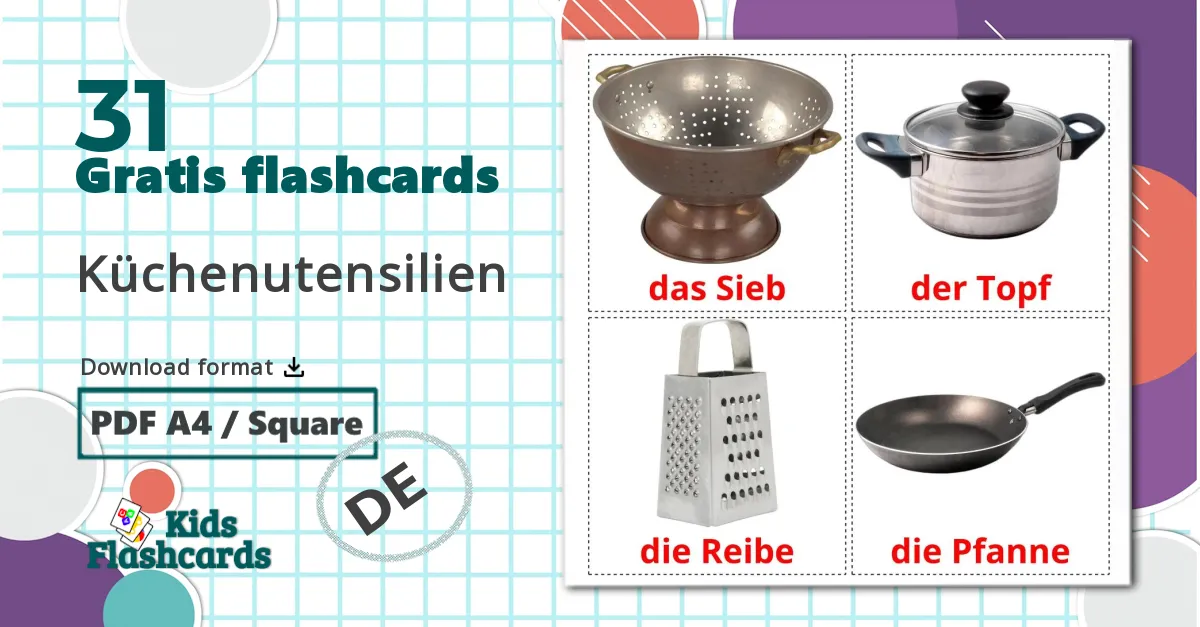 31 Küchenutensilien billedkort for børn