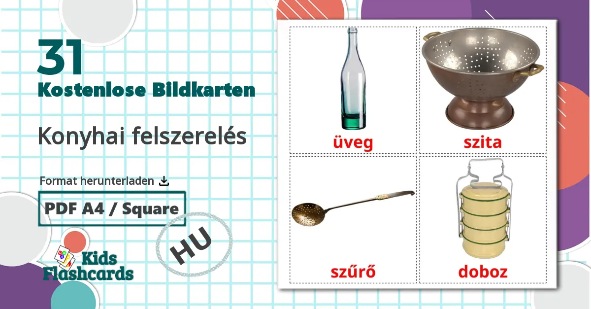 31 Bildkarten für Konyhai felszerelés