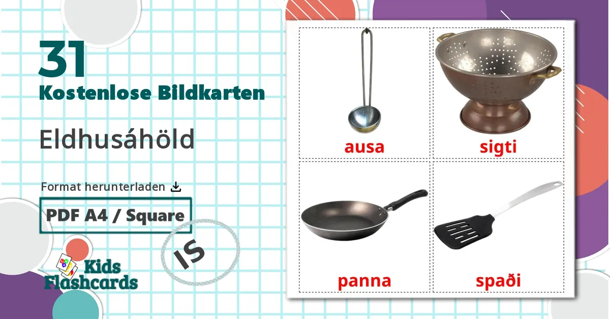 31 Bildkarten für Eldhusáhöld