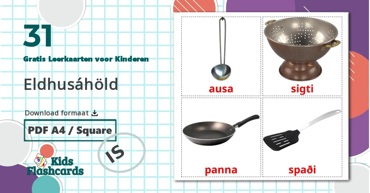 31 Eldhusáhöld Leerkaarten voor kinderen