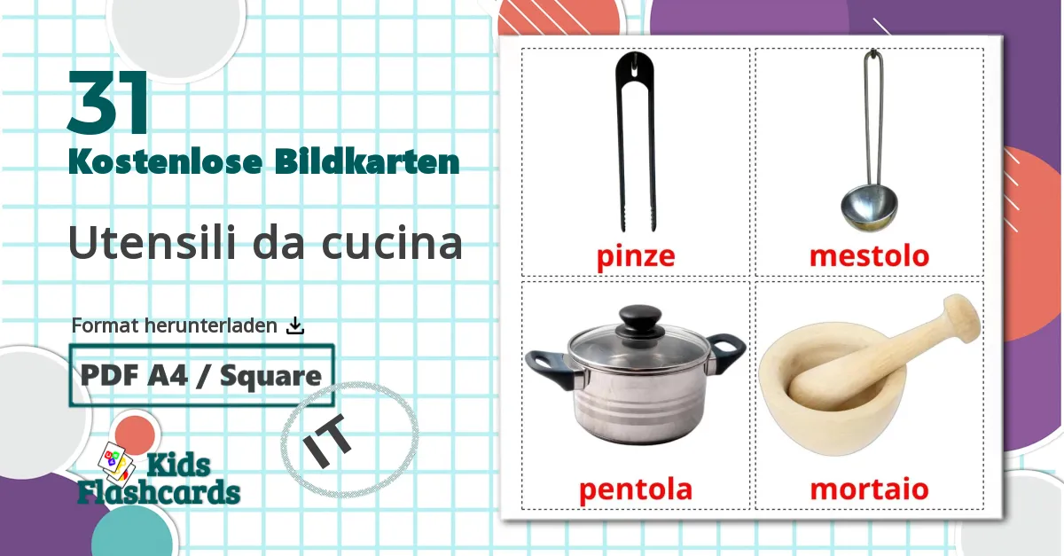 31 Bildkarten für Utensili da cucina