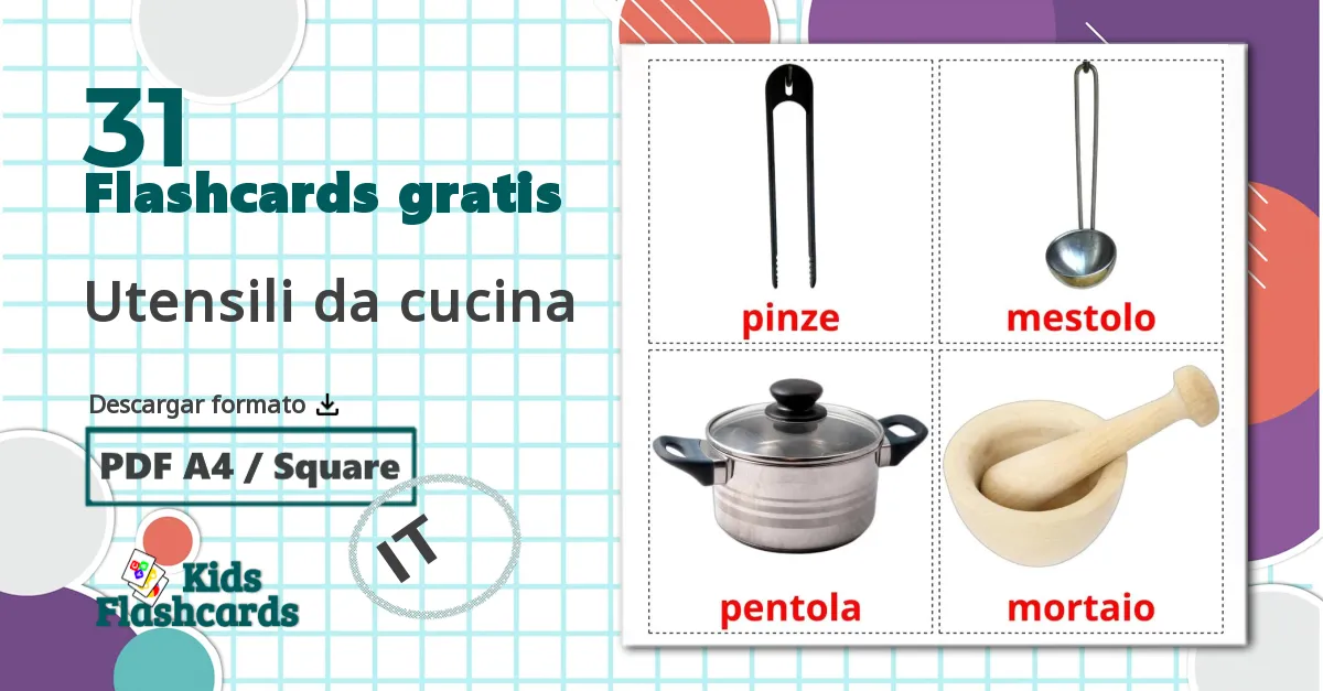 31 tarjetas didacticas de Utensilios de cocina