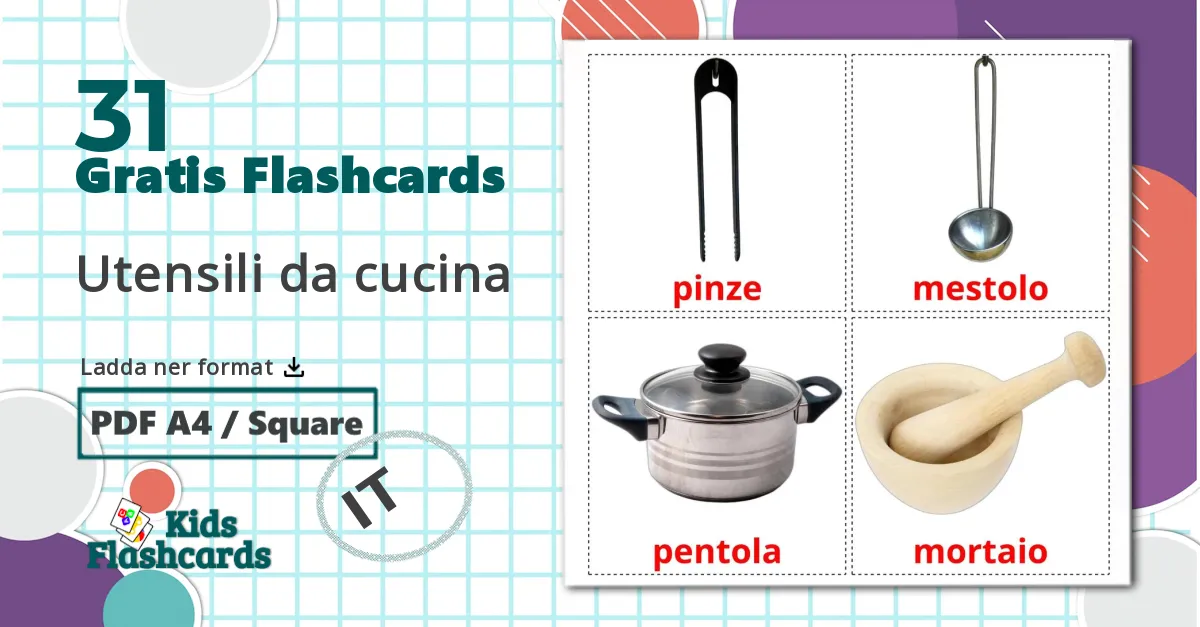31 Utensili da cucina bildkort för barn