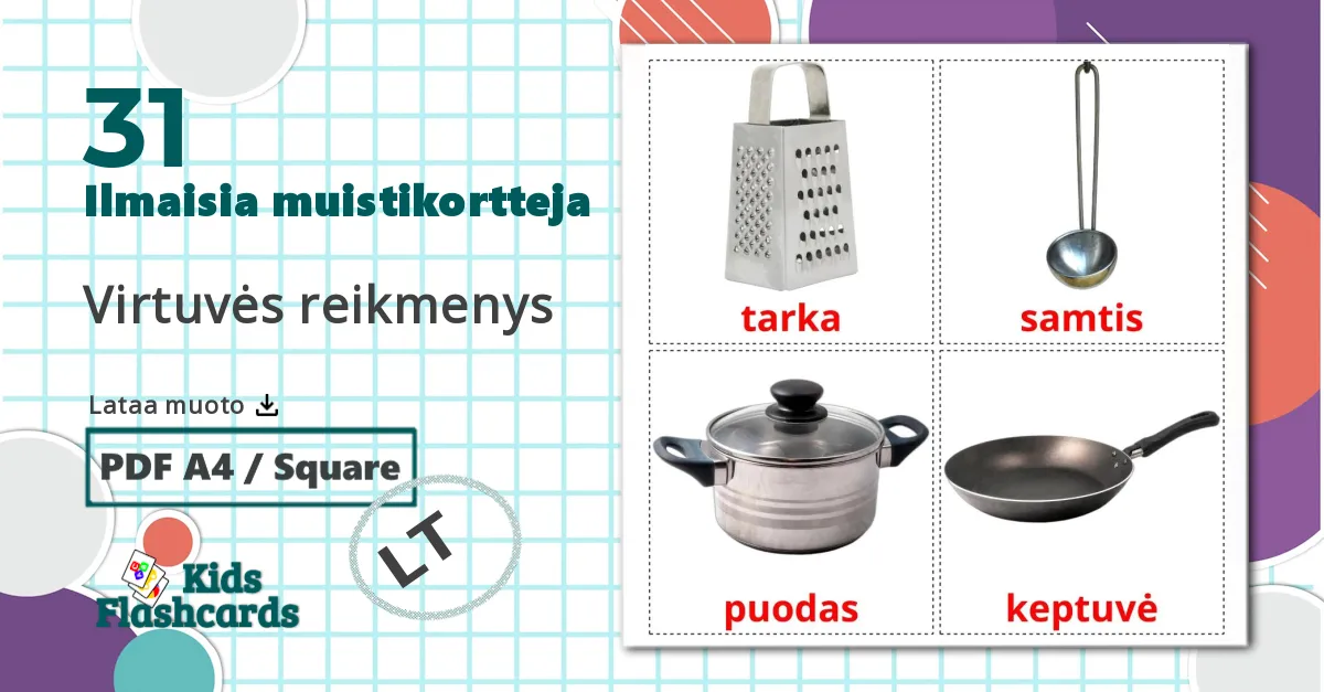 31 Virtuvės reikmenys lasten kuvakortit