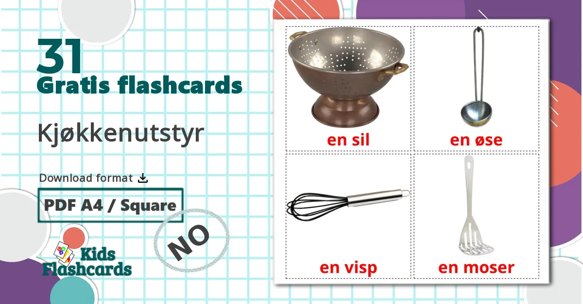31 Kjøkkenutstyr billedkort for børn
