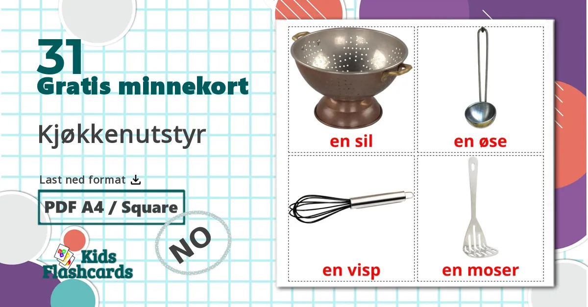 31 Kjøkkenutstyr bildekort