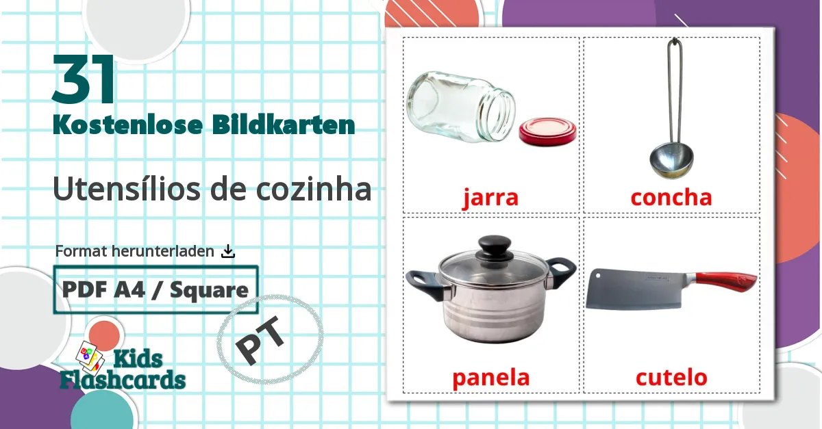 31 Bildkarten für Utensílios de cozinha