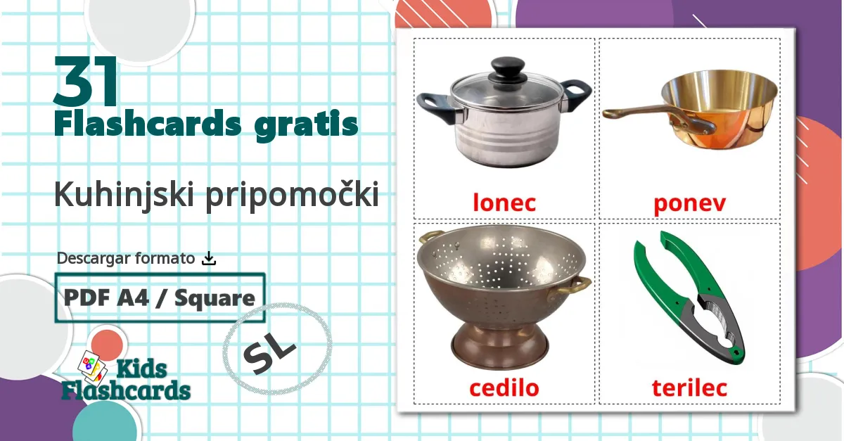 31 tarjetas didacticas de Utensilios de cocina