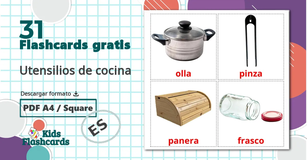 31 tarjetas didacticas de Utensilios de cocina