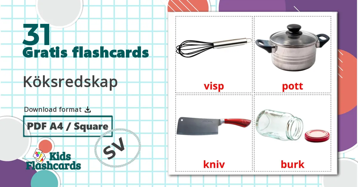 31 Köksredskap billedkort for børn