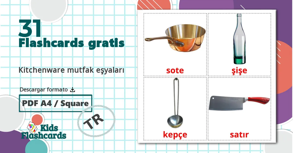 31 tarjetas didacticas de Kitchenware mutfak eşyaları