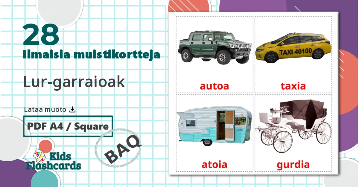 28 Maakuljetus lasten kuvakortit