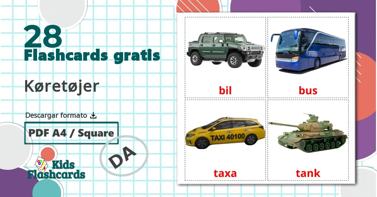 28 tarjetas didacticas de Køretøjer