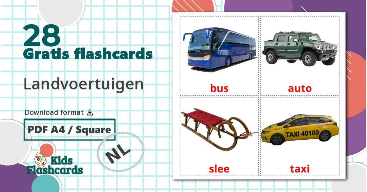 28 Landvoertuigen billedkort for børn