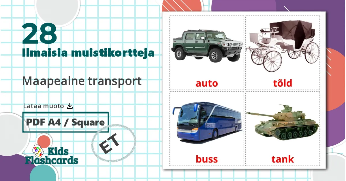28 Maapealne transport lasten kuvakortit
