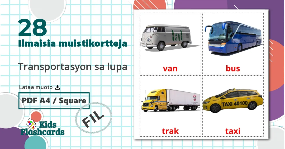 28 Transportasyon sa lupa lasten kuvakortit
