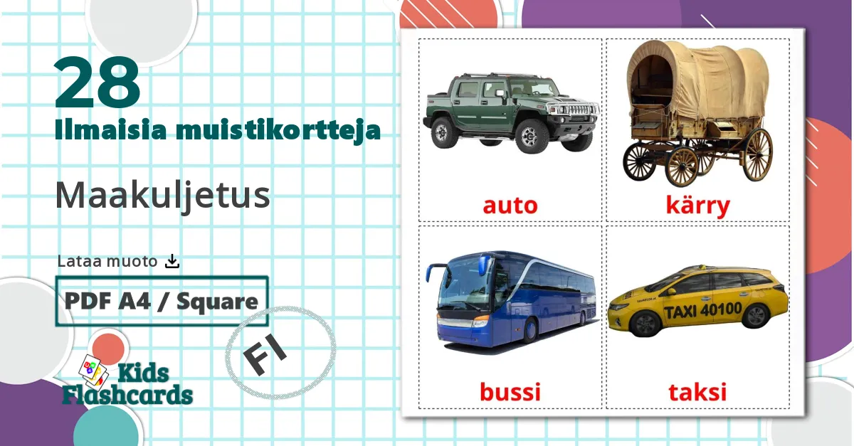 28 Maakuljetus lasten kuvakortit