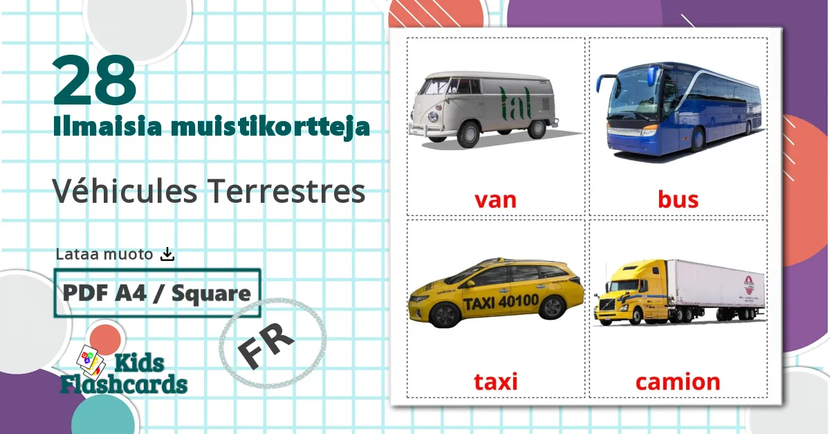28 Véhicules Terrestres lasten kuvakortit