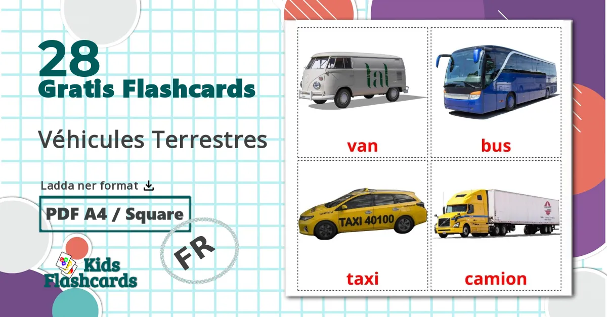 28 Véhicules Terrestres bildkort för barn