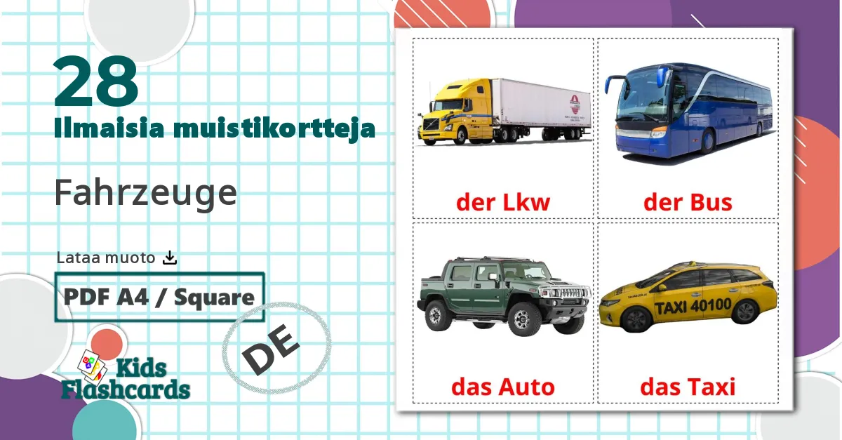28 Fahrzeuge lasten kuvakortit