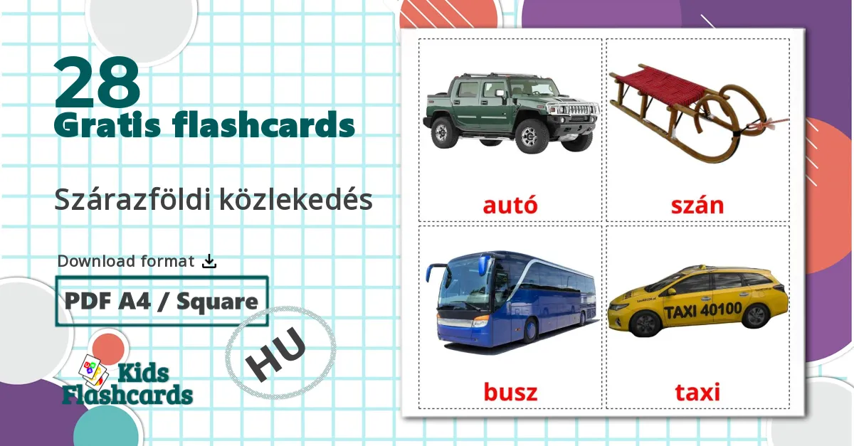 28 Szárazföldi közlekedés billedkort for børn